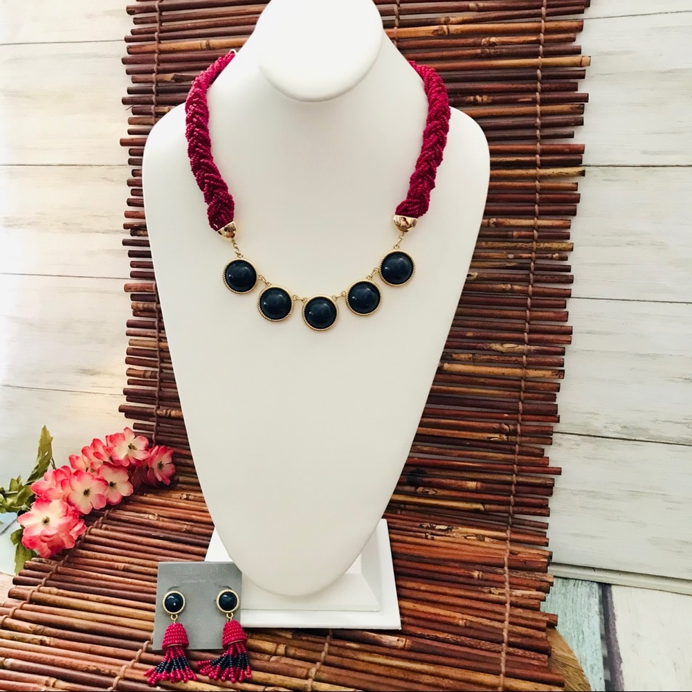 Talbots Red Seed Bead Choker & Tassel Earrings NWT